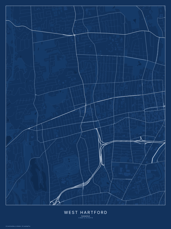 West Hartford map poster, blueprint style