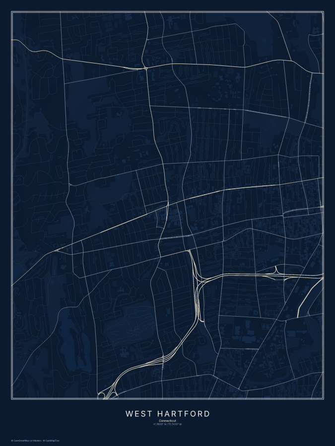 West Hartford map poster, midnight style