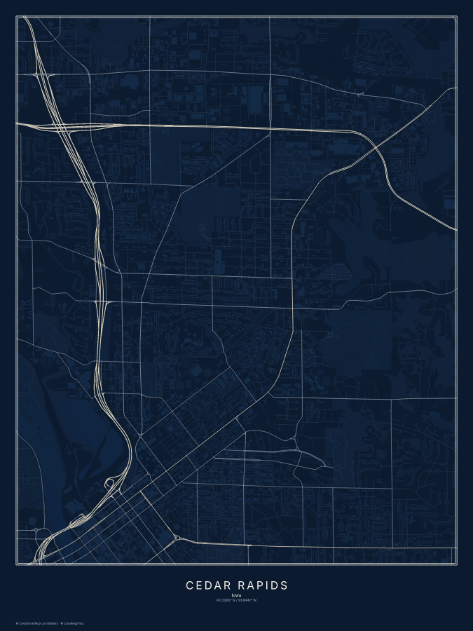 Cedar Rapids map poster, midnight style