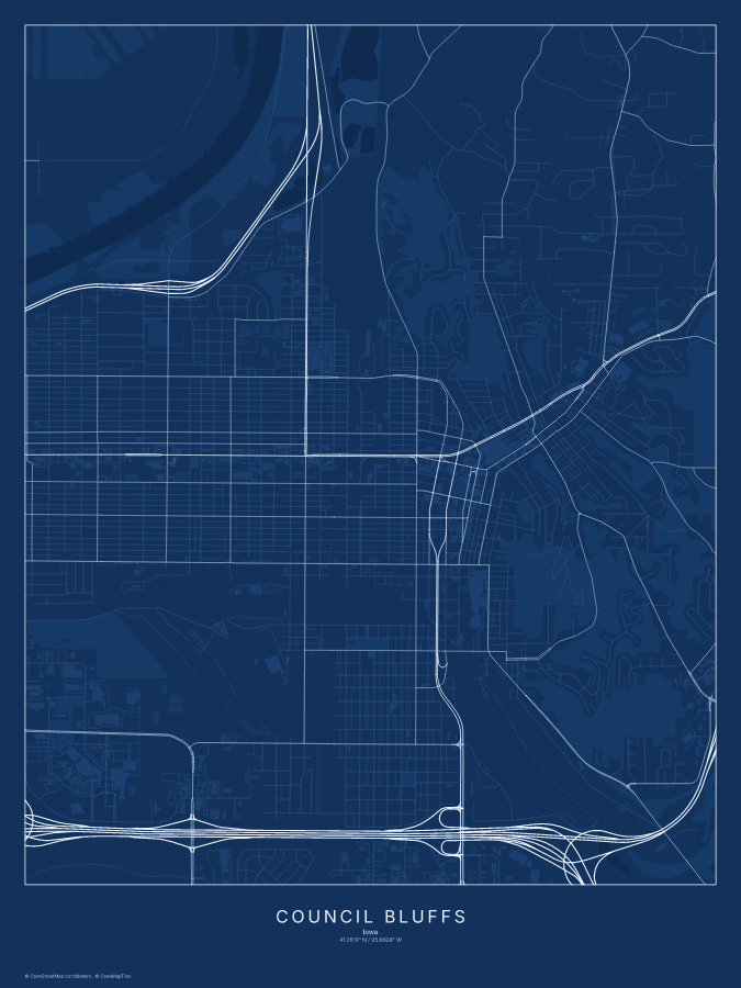 Council Bluffs map poster, blueprint style