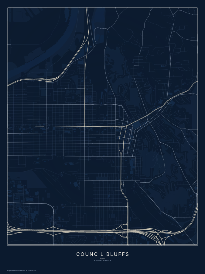 Council Bluffs map poster, midnight style