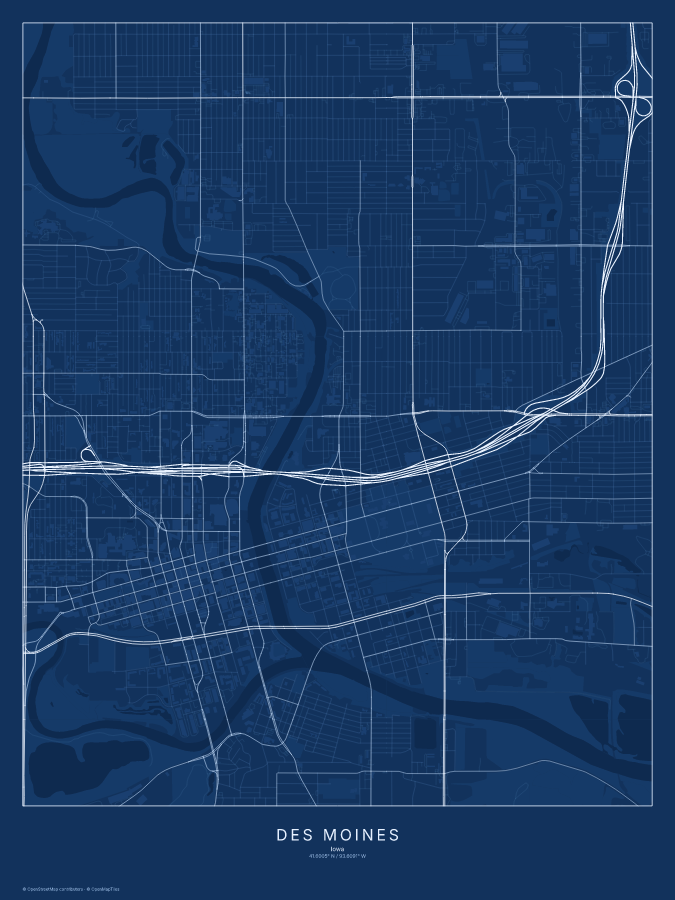 Des Moines map poster, blueprint style