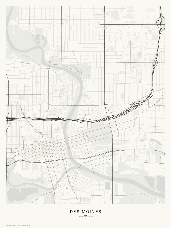 Des Moines map poster, classic style