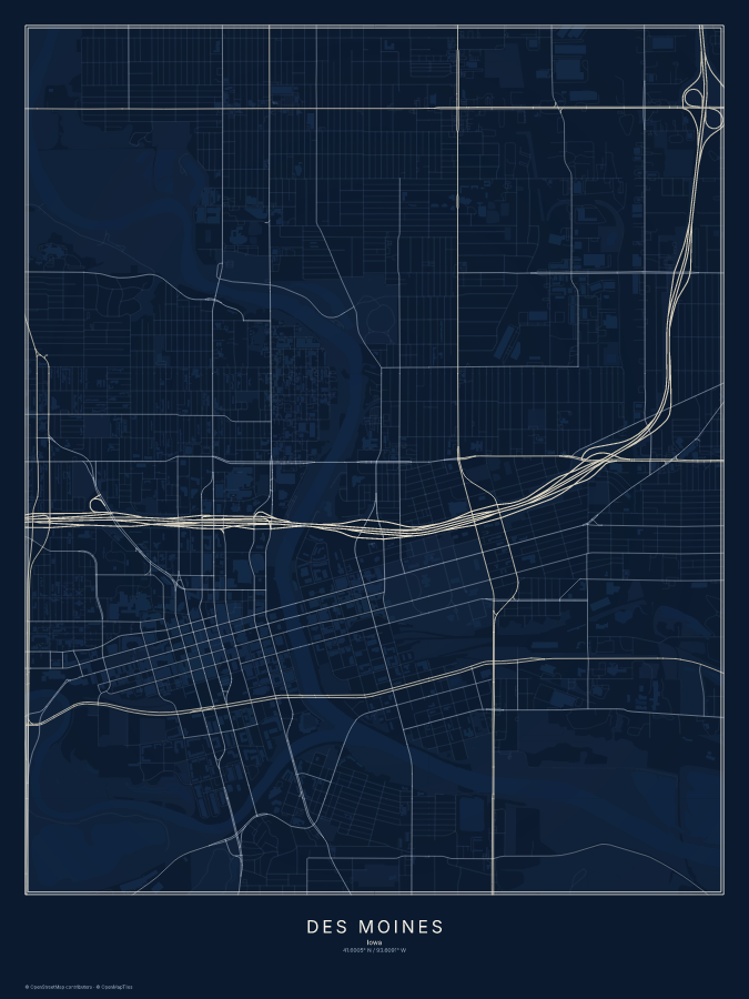 Des Moines map poster, midnight style