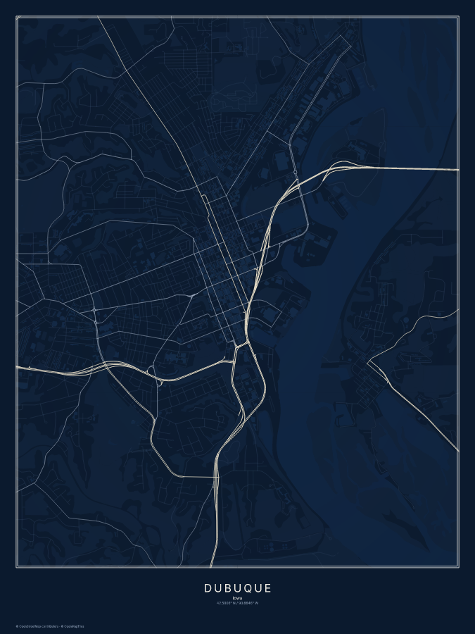 Dubuque map poster, midnight style
