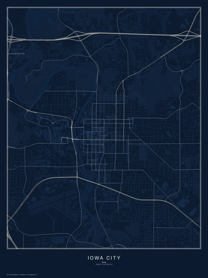 Iowa City map poster, midnight style