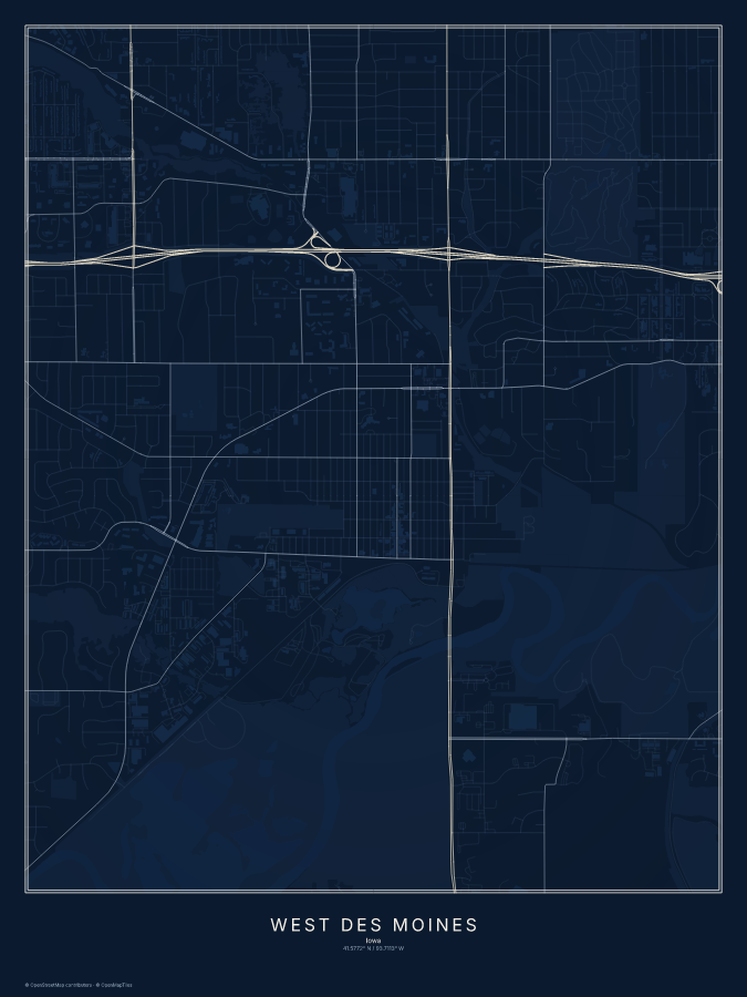 West Des Moines map poster, midnight style