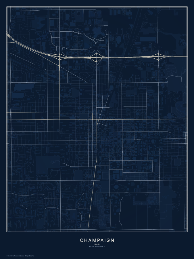 Champaign map poster, midnight style