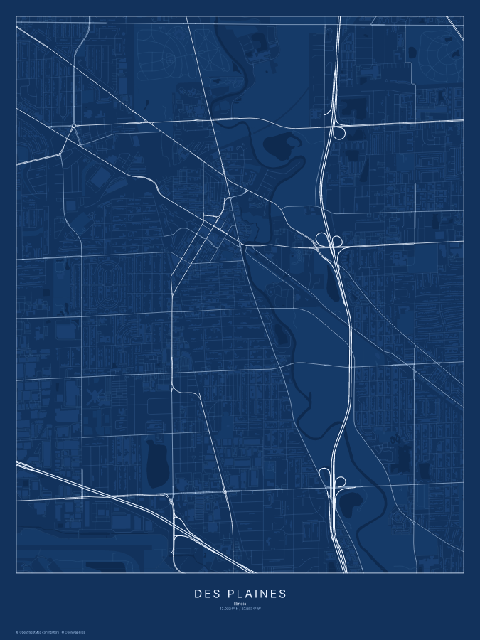 Des Plaines map poster, blueprint style