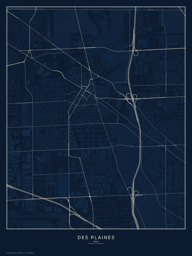 Des Plaines map poster, midnight style