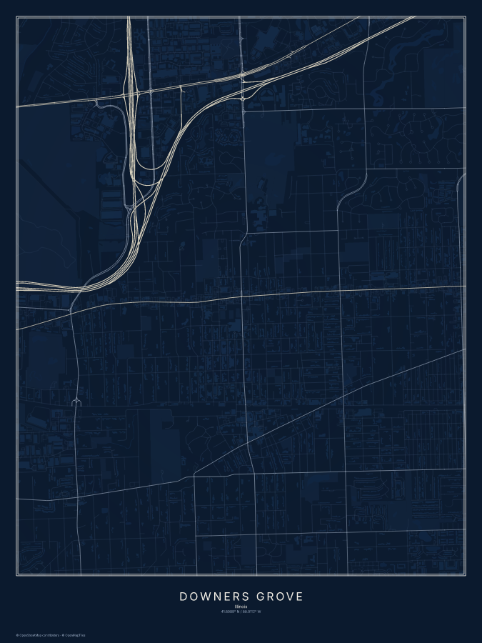 Downers Grove map poster, midnight style