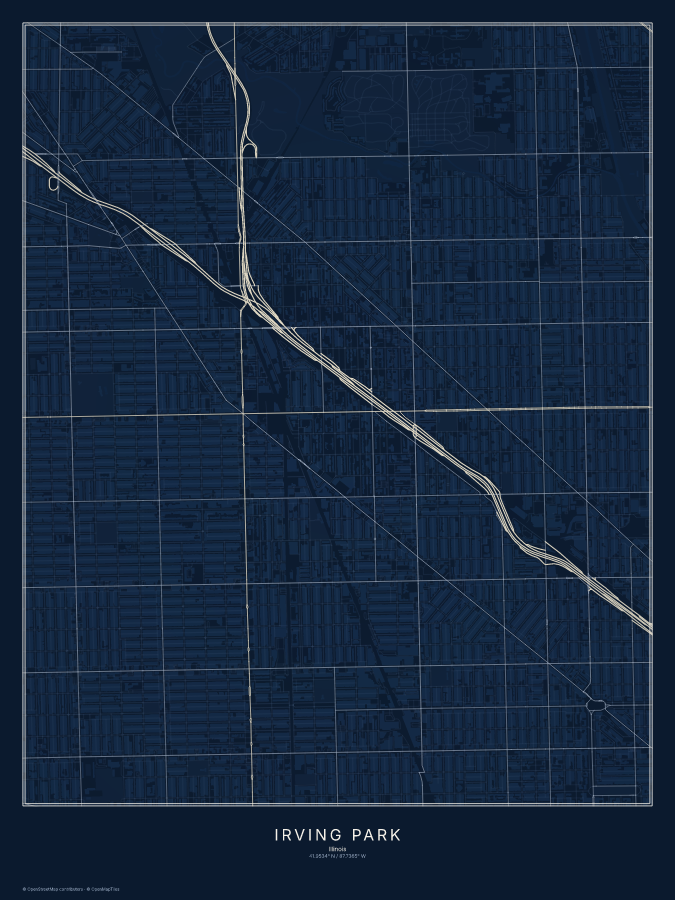 Irving Park map poster, midnight style