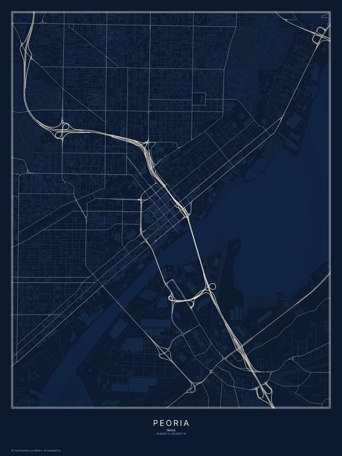Peoria map poster, midnight style