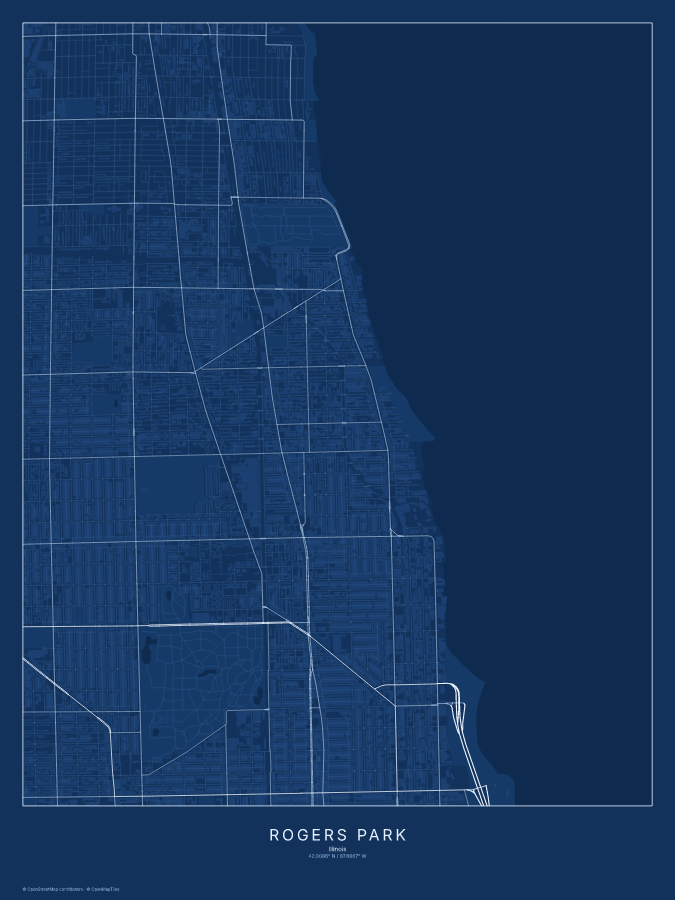 Rogers Park map poster, blueprint style