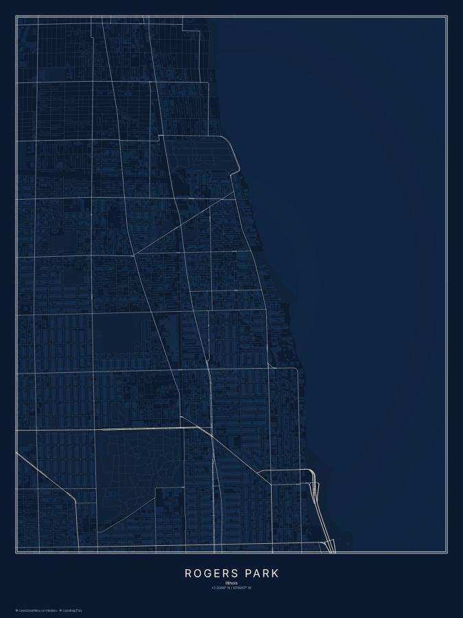 Rogers Park map poster, midnight style