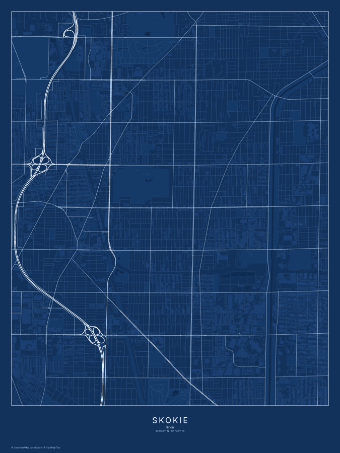 Skokie map poster, blueprint style