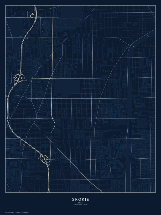 Skokie map poster, midnight style