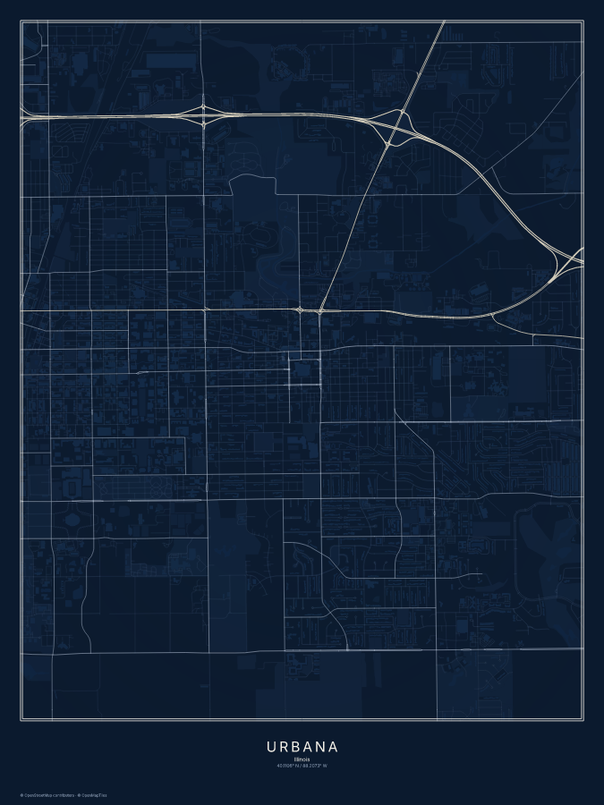 Urbana map poster, midnight style