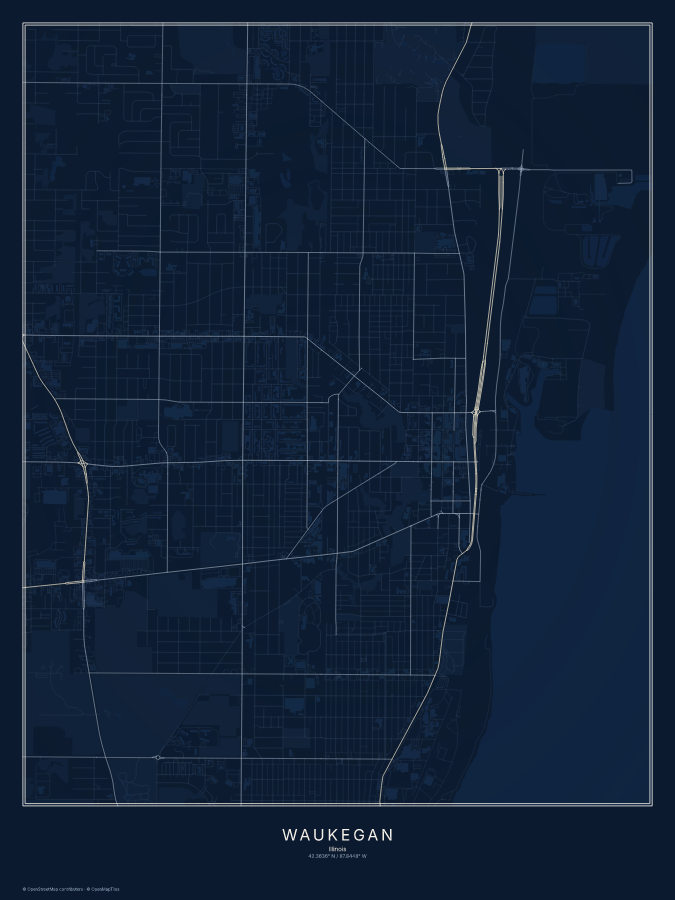Waukegan map poster, midnight style