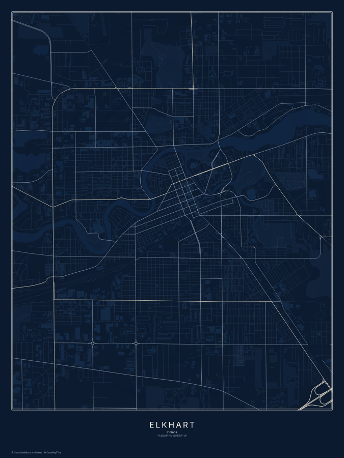 Elkhart map poster, midnight style