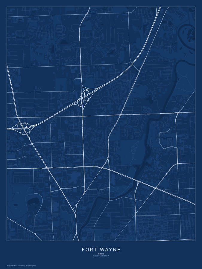 Fort Wayne map poster, blueprint style
