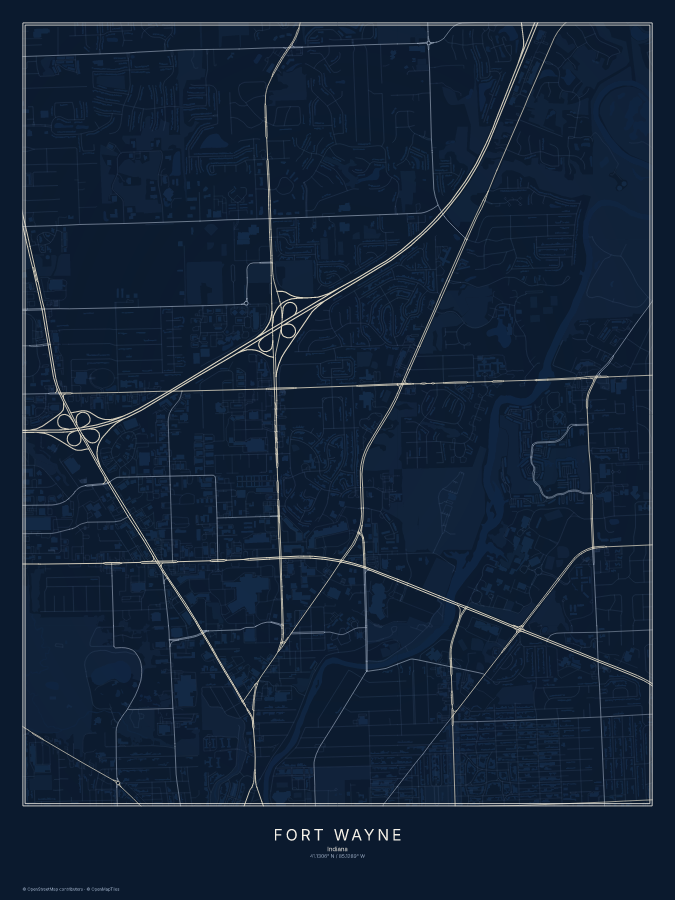 Fort Wayne map poster, midnight style