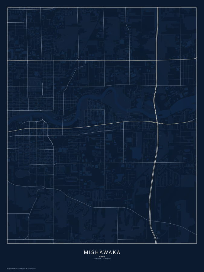 Mishawaka map poster, midnight style