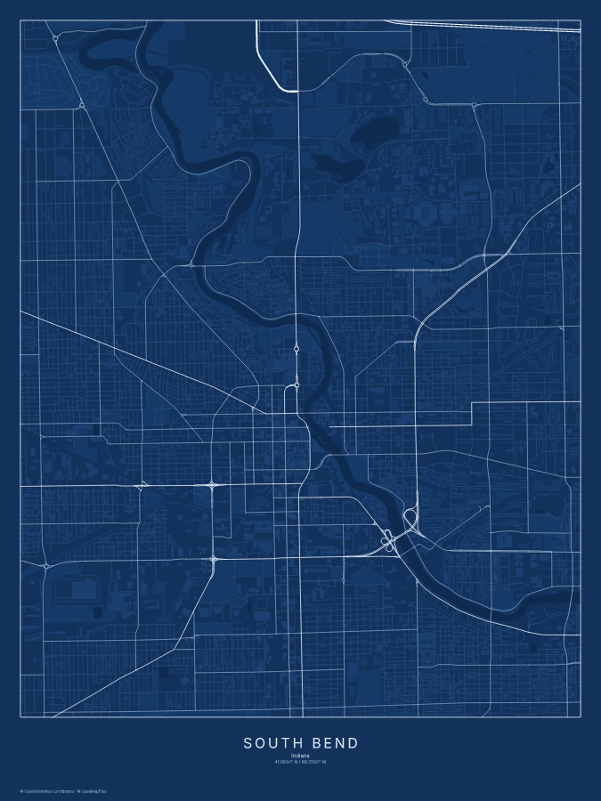 South Bend map poster, blueprint style