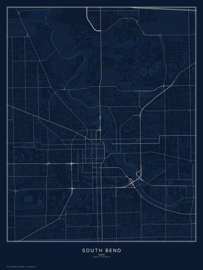 South Bend map poster, midnight style