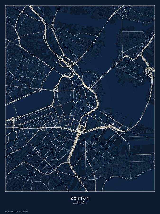 Boston map poster, midnight style