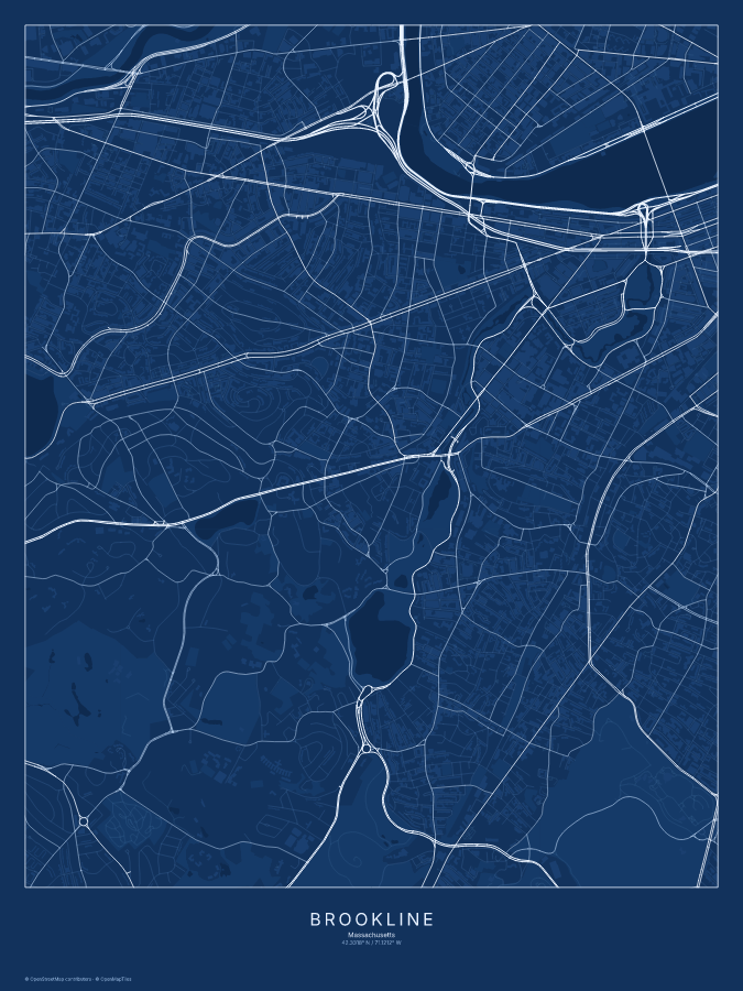 Brookline map poster, blueprint style