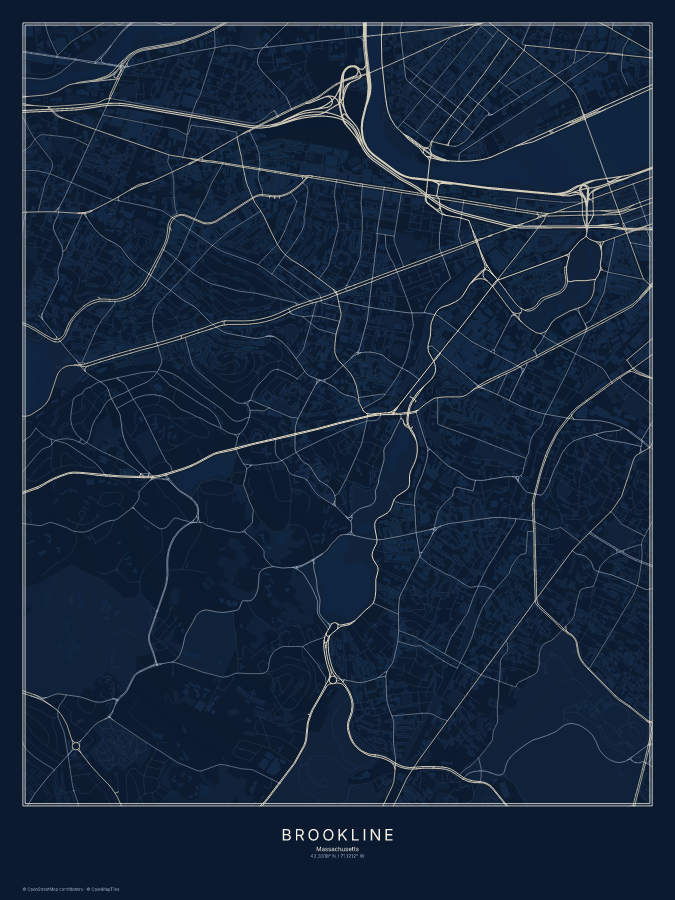 Brookline map poster, midnight style