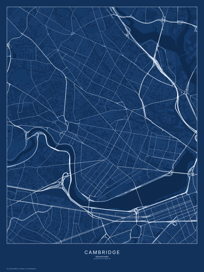 Cambridge map poster, blueprint style