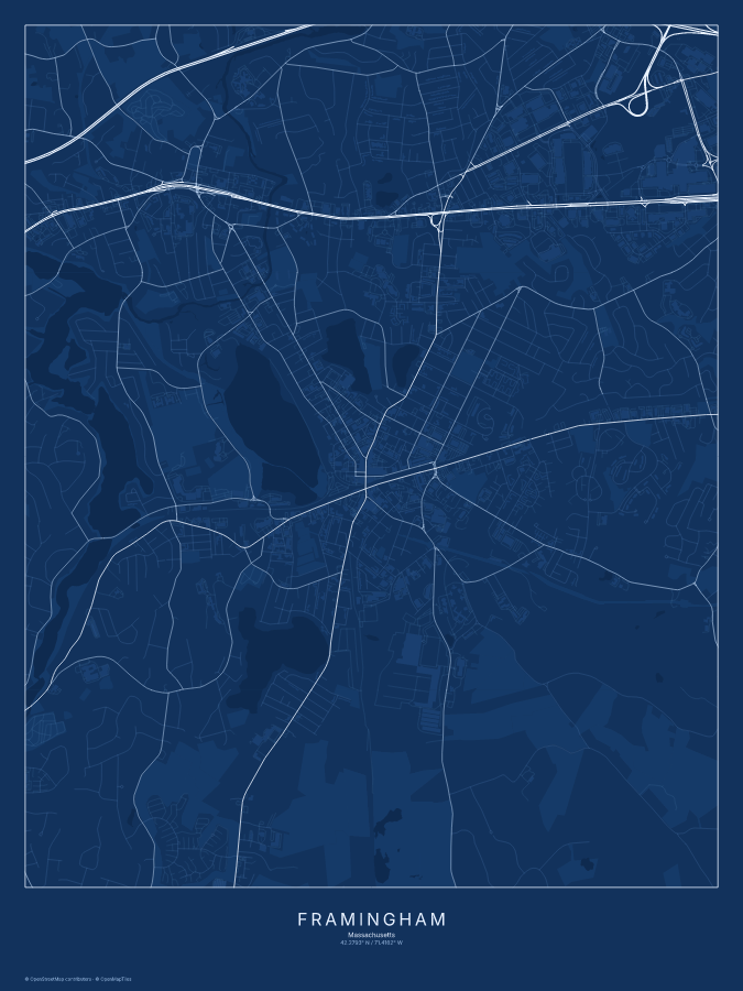 Framingham map poster, blueprint style