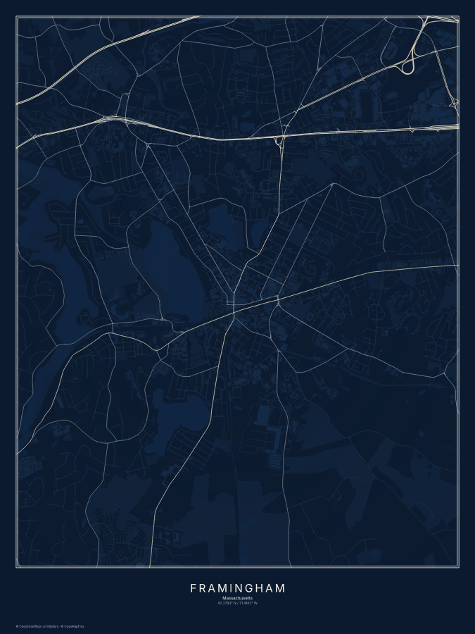 Framingham map poster, midnight style