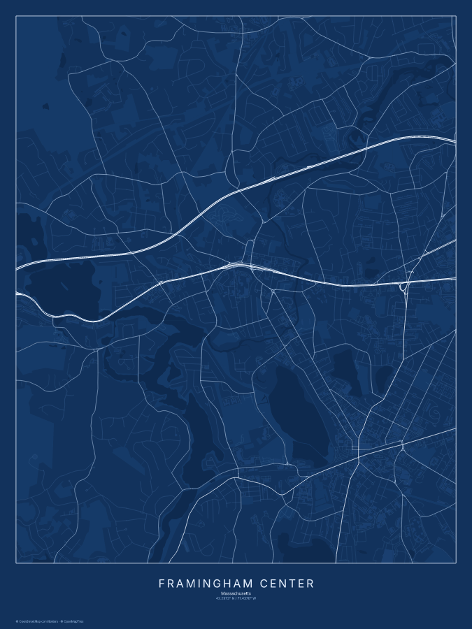 Framingham Center map poster, blueprint style