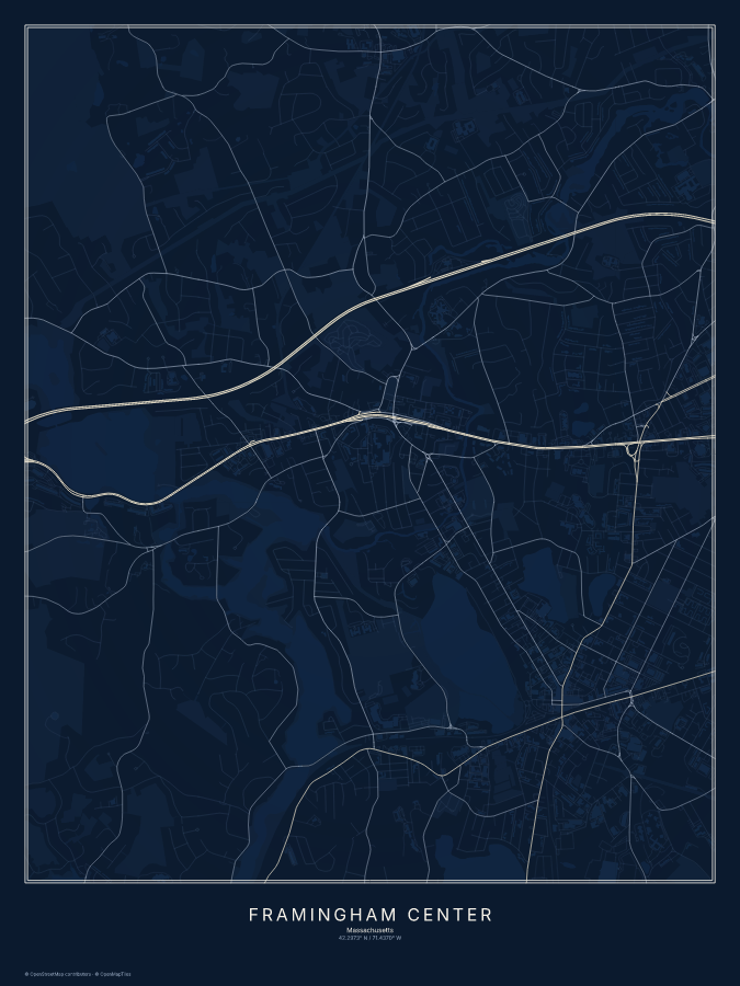 Framingham Center map poster, midnight style