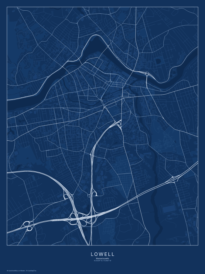 Lowell map poster, blueprint style