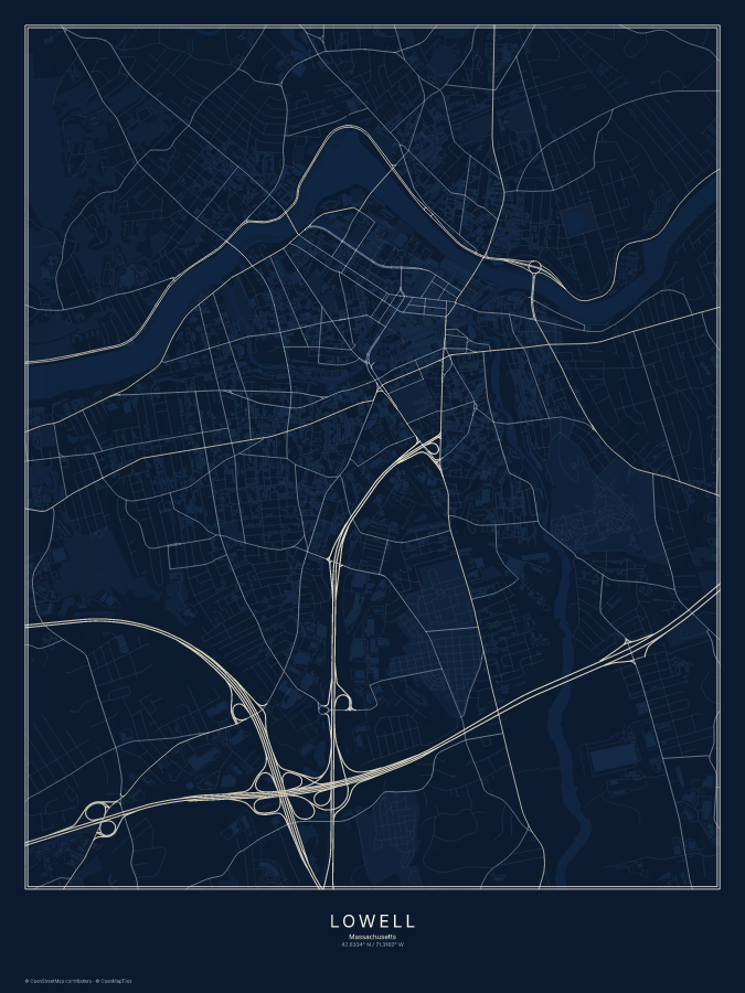 Lowell map poster, midnight style