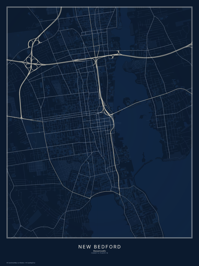 New Bedford map poster, midnight style