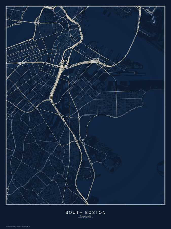 South Boston map poster, midnight style