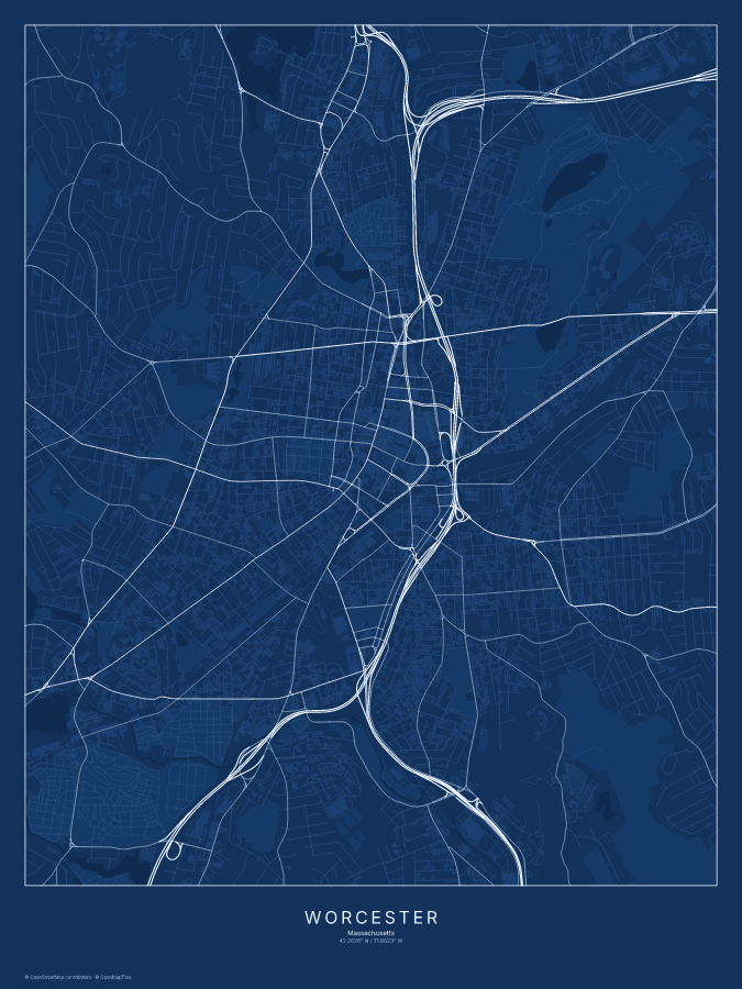 Worcester map poster, blueprint style