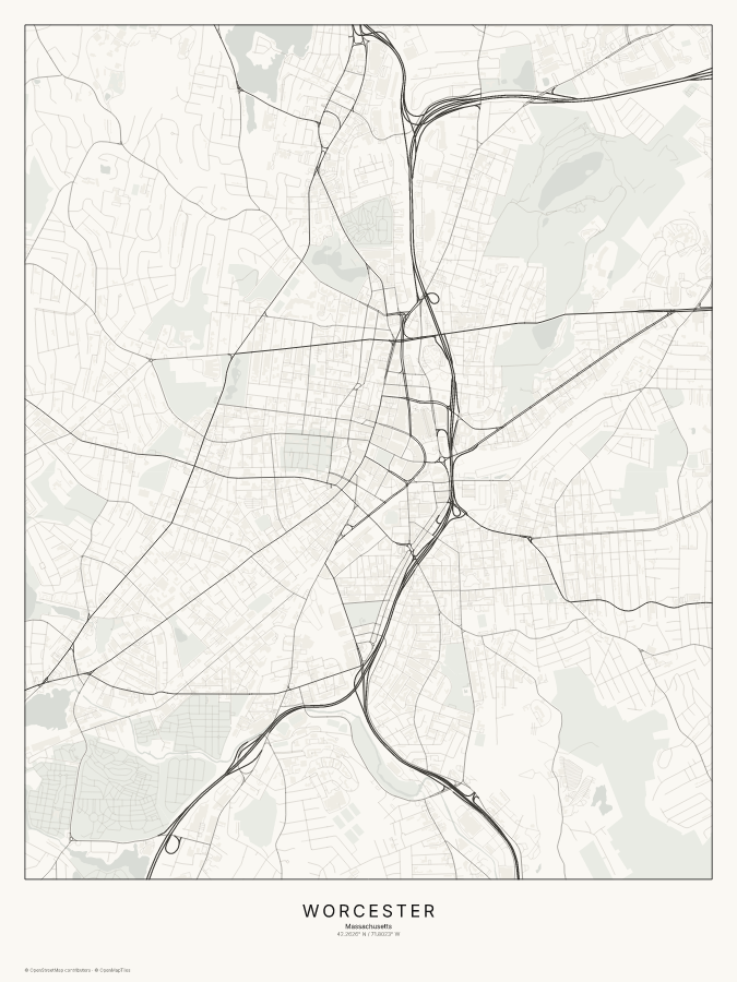 Worcester map poster, classic style