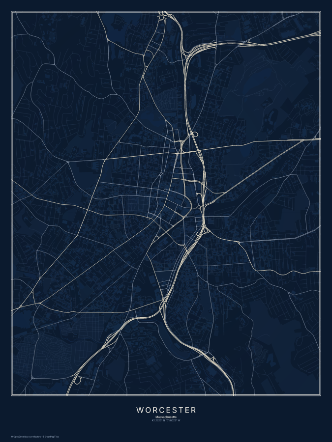 Worcester map poster, midnight style