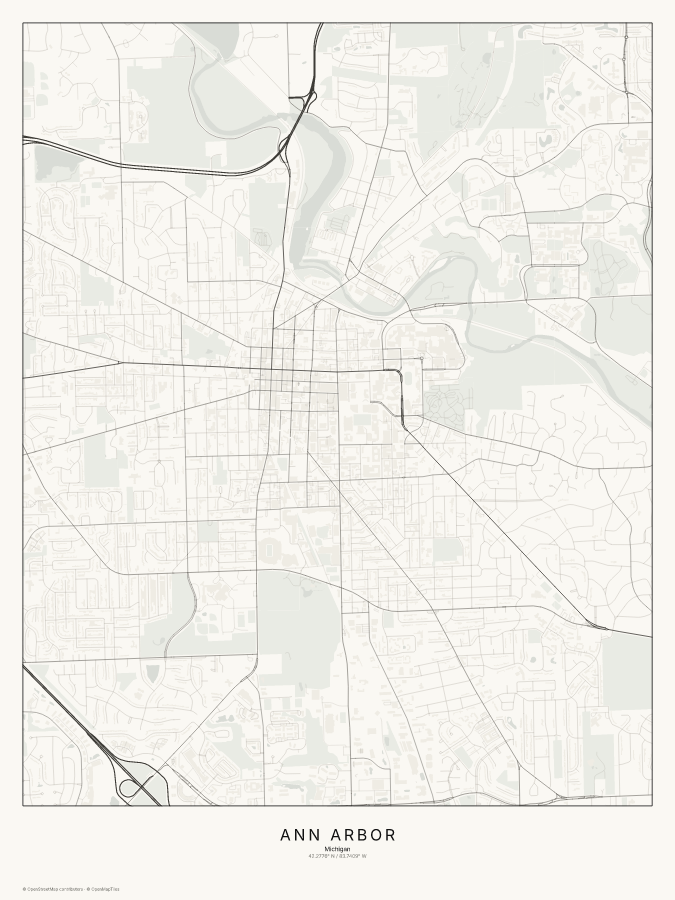 Ann Arbor map poster, classic style