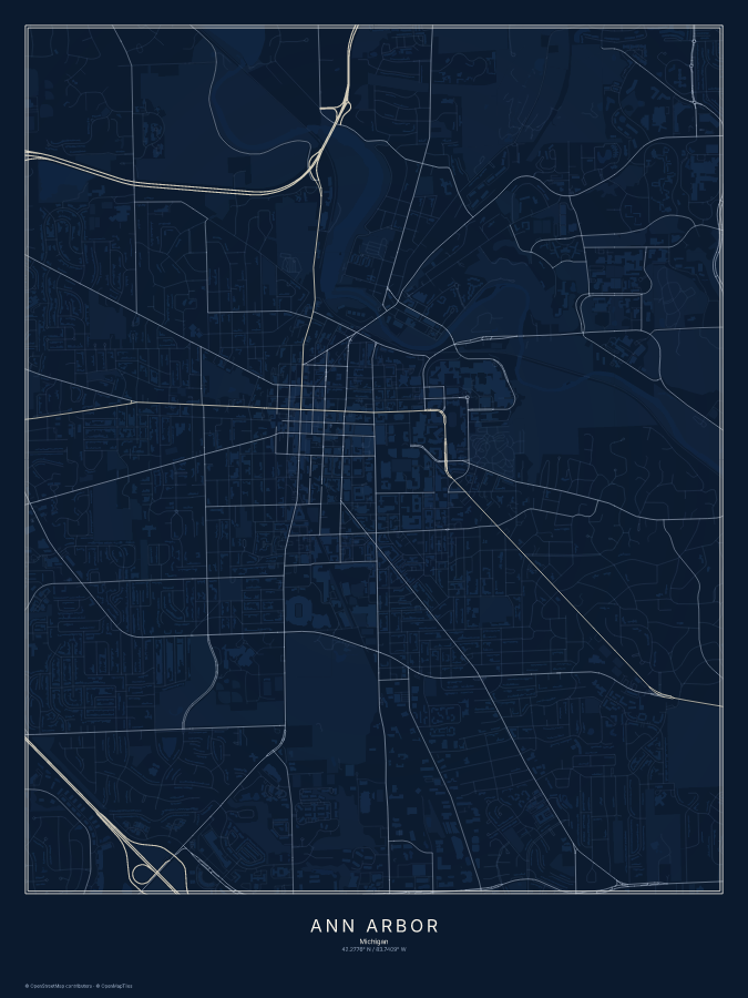 Ann Arbor map poster, midnight style