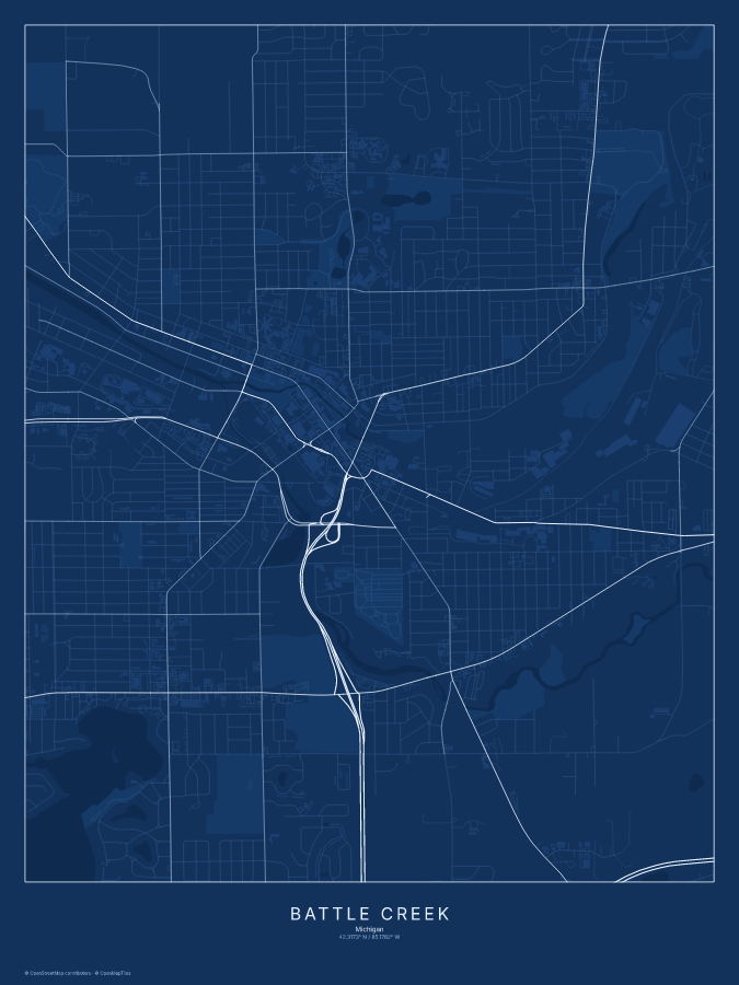 Battle Creek map poster, blueprint style