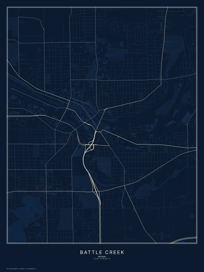 Battle Creek map poster, midnight style