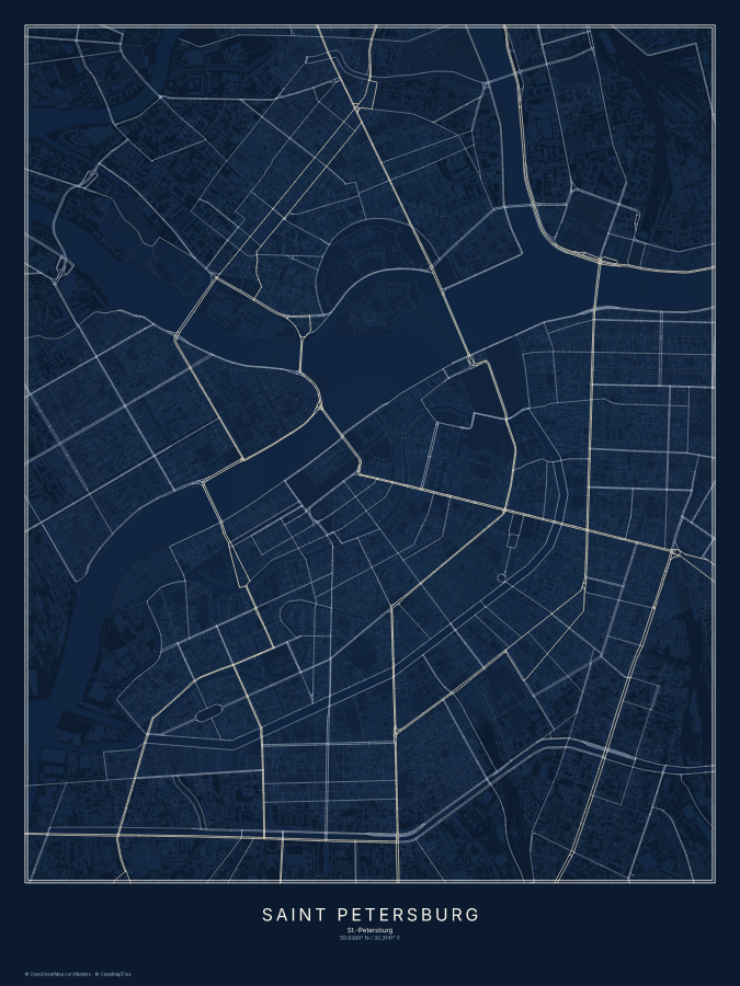 Saint Petersburg map poster, midnight style