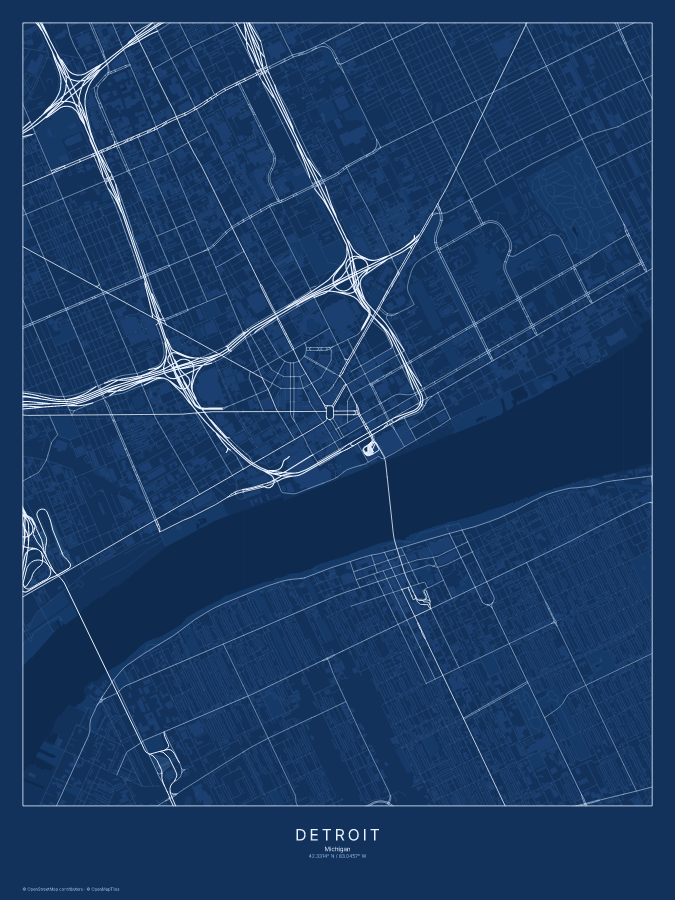 Detroit map poster, blueprint style